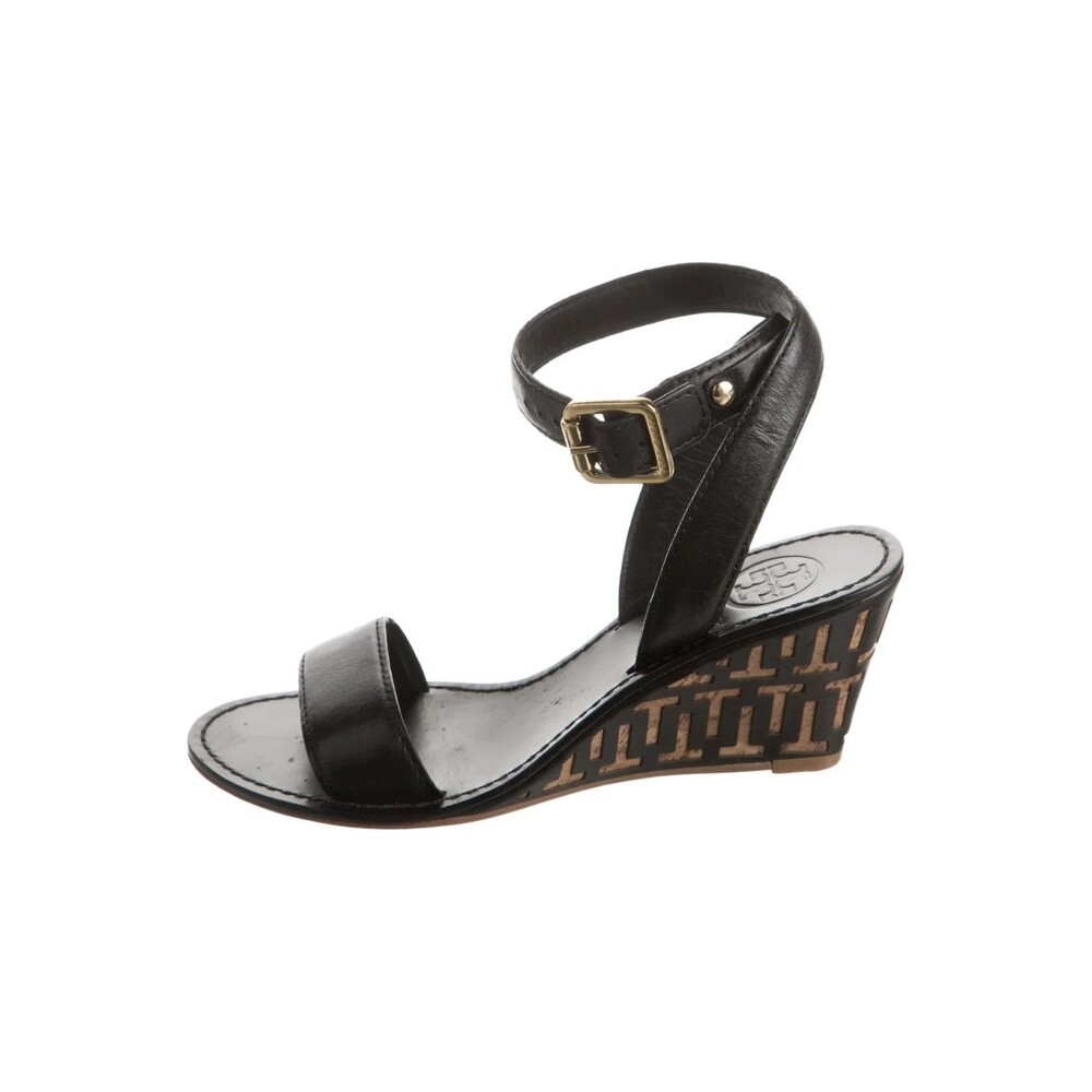 Tory Burch Marion Black Leather Cork Espadrille Wedge Sandals Ankle Strap Sz 8.5